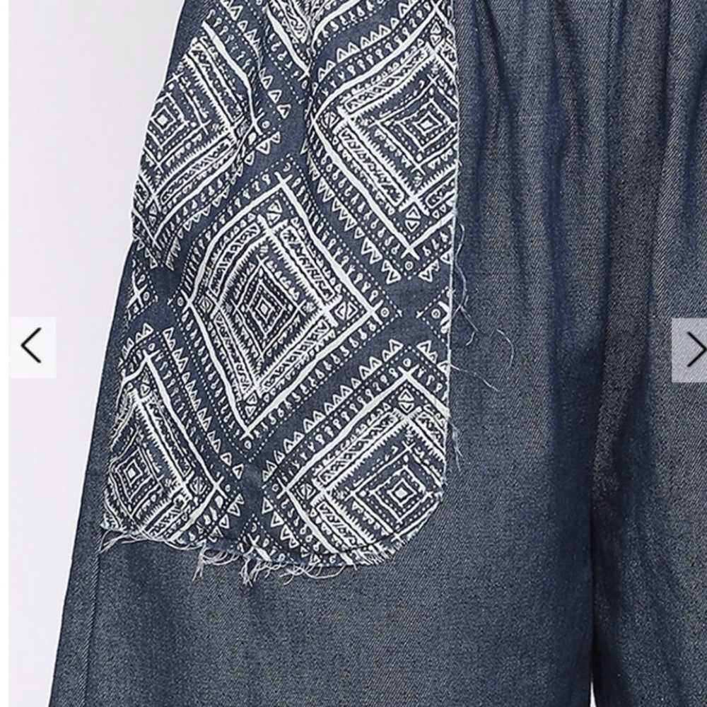 Denim and Print Pockets Elastic Waist Shorts with Raw - Picture 3 of 5
